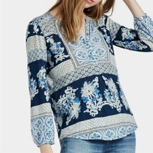 Lucky Brand Blue Multi Mixed Print Henley Blouse